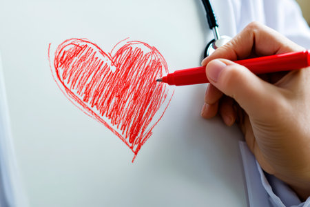 Concept illustration of the doctor draws a heart with a heartbeat line, symbolizing the health of the cardiovascular systemの素材