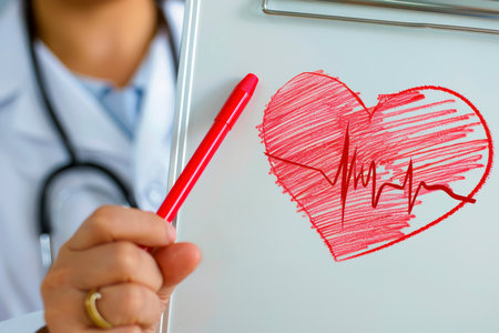 Concept illustration of the doctor draws a heart with a heartbeat line, symbolizing the health of the cardiovascular systemの素材