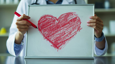 Concept illustration of the doctor draws a heart with a heartbeat line, symbolizing the health of the cardiovascular systemの素材