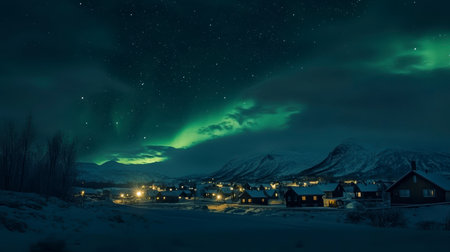 Concept illustration of the beautiful northern lights over the icy road illuminate the snowy village. A magical polar night.の素材