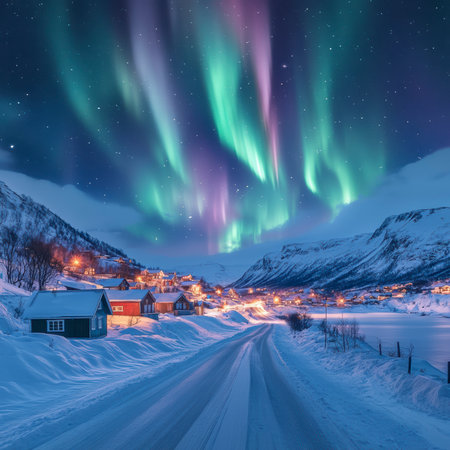 Concept illustration of the beautiful northern lights over the icy road illuminate the snowy village. A magical polar night.の素材