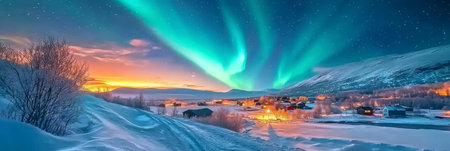 Concept illustration of the beautiful northern lights over the icy road illuminate the snowy village. A magical polar night.の素材