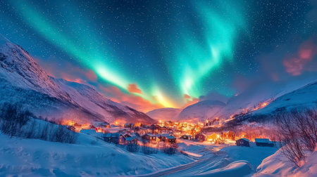 Concept illustration of the beautiful northern lights over the icy road illuminate the snowy village. A magical polar night.の素材