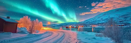 Concept illustration of the beautiful northern lights over the icy road illuminate the snowy village. A magical polar night.の素材