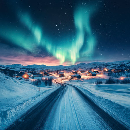 Concept illustration of the beautiful northern lights over the icy road illuminate the snowy village. A magical polar night.の素材