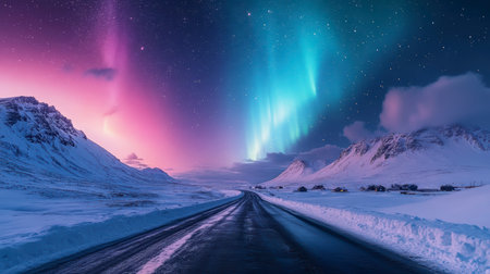 Concept illustration of the beautiful northern lights over the icy road illuminate the snowy village. A magical polar night.の素材