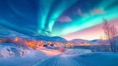 Concept illustration of the beautiful northern lights over the icy road illuminate the snowy village. A magical polar night.の素材