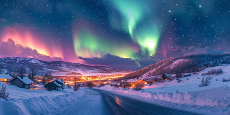 Concept illustration of the beautiful northern lights over the icy road illuminate the snowy village. A magical polar night.の素材