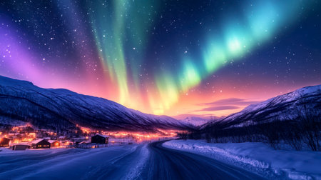 Concept illustration of the beautiful northern lights over the icy road illuminate the snowy village. A magical polar night.の素材