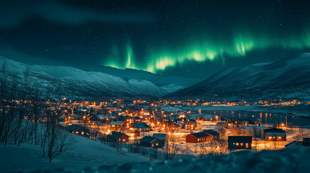 Concept illustration of the beautiful northern lights over the icy road illuminate the snowy village. A magical polar night.の素材