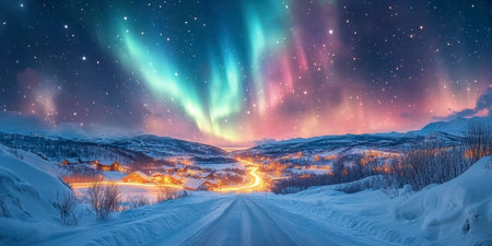 Concept illustration of the beautiful northern lights over the icy road illuminate the snowy village. A magical polar night.の素材