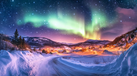 Concept illustration of the beautiful northern lights over the icy road illuminate the snowy village. A magical polar night.の素材