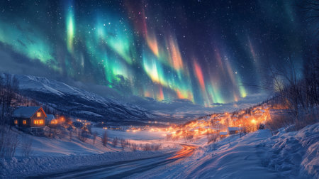Concept illustration of the beautiful northern lights over the icy road illuminate the snowy village. A magical polar night.の素材