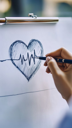 Concept illustration of the doctor draws a heart with a heartbeat line, symbolizing the health of the cardiovascular systemの素材