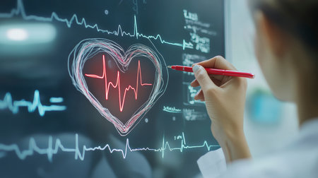 Concept illustration of the doctor draws a heart with a heartbeat line, symbolizing the health of the cardiovascular systemの素材