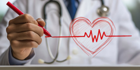 Concept illustration of the doctor draws a heart with a heartbeat line, symbolizing the health of the cardiovascular systemの素材
