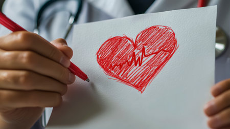 Concept illustration of the doctor draws a heart with a heartbeat line, symbolizing the health of the cardiovascular systemの素材
