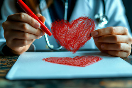 Concept illustration of the doctor draws a heart with a heartbeat line, symbolizing the health of the cardiovascular systemの素材