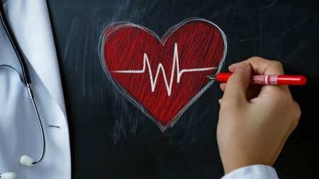 Concept illustration of the doctor draws a heart with a heartbeat line, symbolizing the health of the cardiovascular systemの素材