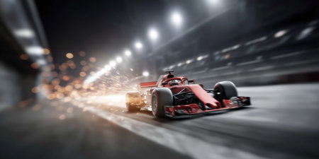 Formula 1 Race Car Speeding on Track with Sparks. Motorsport and Technology Concept.の素材