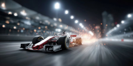 Formula 1 Race Car Speeding on Track with Sparks. Motorsport and Technology Concept.の素材