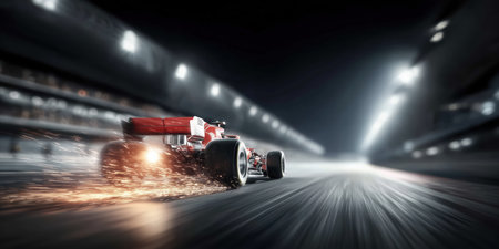 Formula 1 Race Car Speeding on Track with Sparks. Motorsport and Technology Concept.の素材