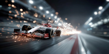 Formula 1 Race Car Speeding on Track with Sparks. Motorsport and Technology Concept.の素材