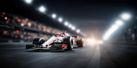Formula 1 Race Car Speeding on Track with Sparks. Motorsport and Technology Concept.の素材