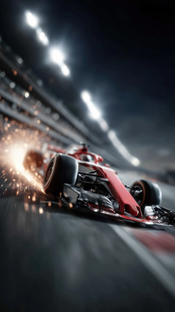 Formula 1 Race Car Speeding on Track with Sparks. Motorsport and Technology Concept.の素材