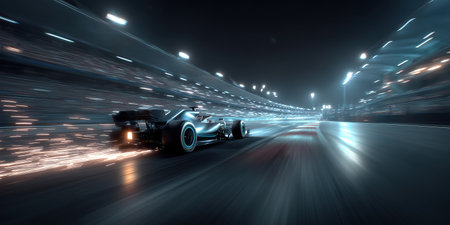 Formula 1 Race Car Speeding on Track with Sparks. Motorsport and Technology Concept.の素材