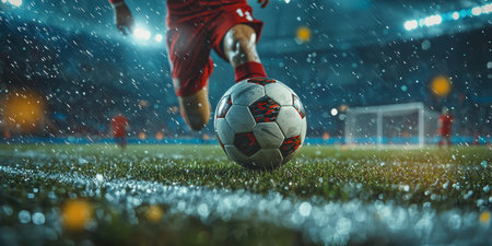 Concept illustration of close-up of a soccer ball on the grass, a player in the background is preparing to kick it. Sports concept.の素材