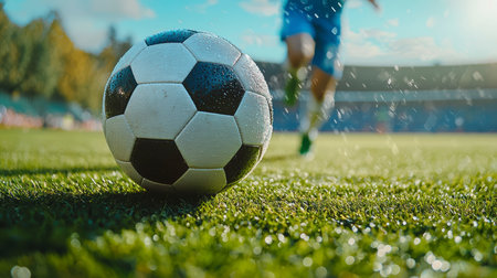 Concept illustration of close-up of a soccer ball on the grass, a player in the background is preparing to kick it. Sports concept.の素材