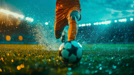 Concept illustration of close-up of a soccer ball on the grass, a player in the background is preparing to kick it. Sports concept.の素材