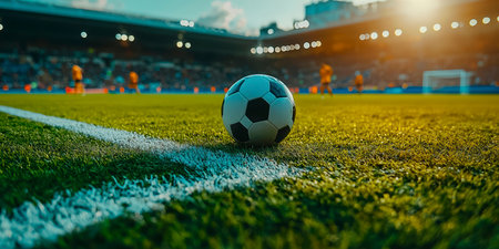 Concept illustration of close-up of a soccer ball on the grass, a player in the background is preparing to kick it. Sports concept.の素材