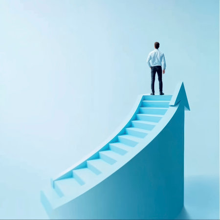 Concept illustration of a person walks up the arrow on a light blue background, symbolizing career growth and successの素材