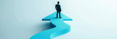 Concept illustration of a person walks up the arrow on a light blue background, symbolizing career growth and successの素材