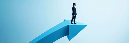 Concept illustration of a person walks up the arrow on a light blue background, symbolizing career growth and successの素材