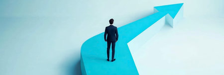Concept illustration of a person walks up the arrow on a light blue background, symbolizing career growth and successの素材