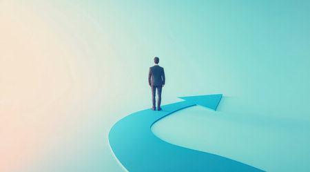 Concept illustration of a person walks up the arrow on a light blue background, symbolizing career growth and successの素材