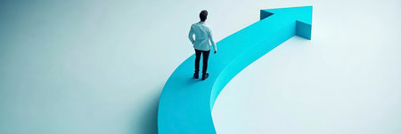 Concept illustration of a person walks up the arrow on a light blue background, symbolizing career growth and successの素材