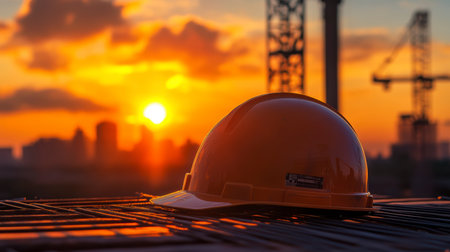 Concept illustration of a construction helmet on the background of a construction site and sunset.の素材