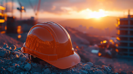 Concept illustration of a construction helmet on the background of a construction site and sunset.の素材