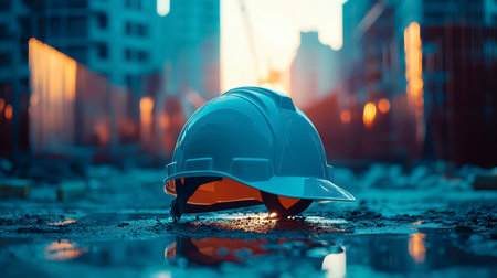 Concept illustration of a construction helmet on the background of a construction site and sunset.の素材