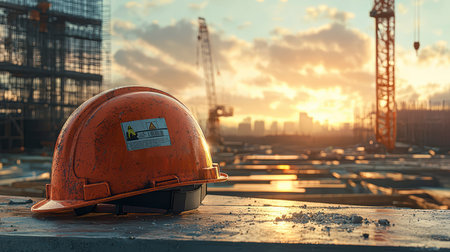 Concept illustration of a construction helmet on the background of a construction site and sunset.の素材