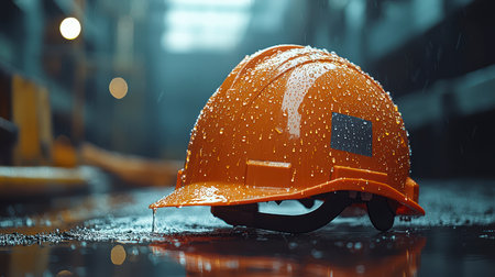 Concept illustration of a construction helmet on the background of a construction site and sunset.の素材