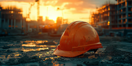 Concept illustration of a construction helmet on the background of a construction site and sunset.の素材