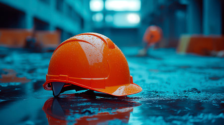 Concept illustration of a construction helmet on the background of a construction site and sunset.の素材