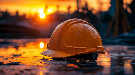 Concept illustration of a construction helmet on the background of a construction site and sunset.の素材