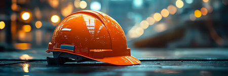 Concept illustration of a construction helmet on the background of a construction site and sunset.の素材