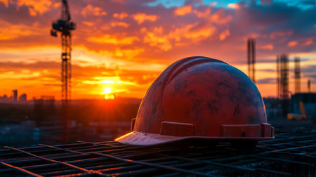 Concept illustration of a construction helmet on the background of a construction site and sunset.の素材
